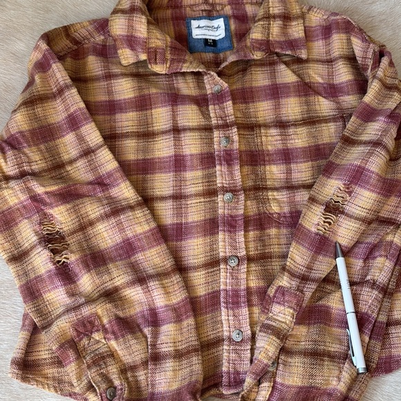 AMERICAN EAGLE Button Down Brown & Burnt Orange PLAID FLANNEL Shirt - Picture 10 of 10